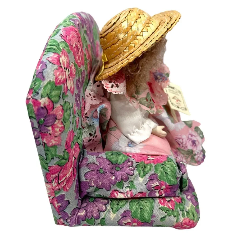 Vintage Pink Capodimonte Bisque Doll Couch Sofa Floral‎ Bisque Porcelain w/ Tag